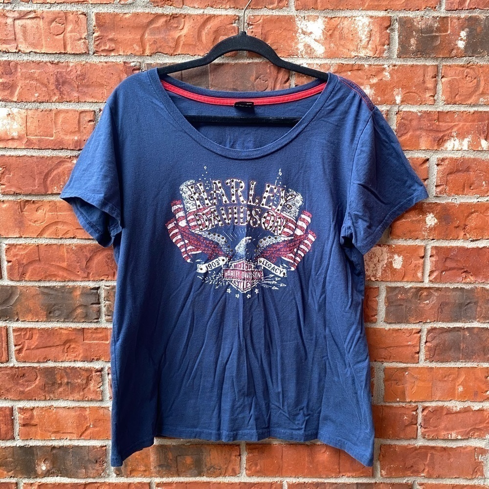 Harley Davidson Womens Large Blue Studded Flag 1903 Legacy Short Sleeve Tshirt